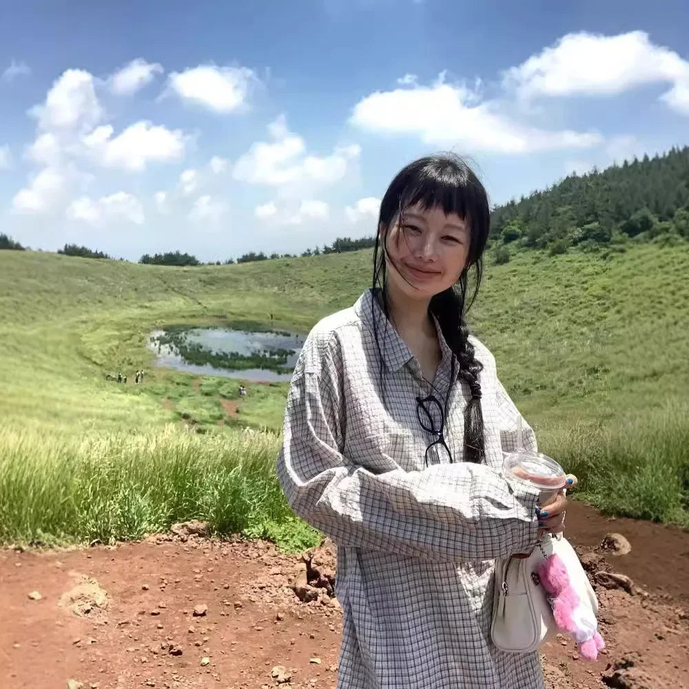 Plaid Sun Protection Shirt Loose-Fit Style Blouse Cotton Fabric HongKong Mainland Origin