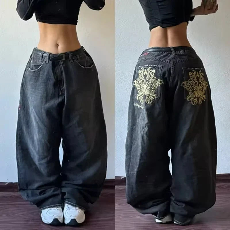 American Letter Embroidery Stitching Old Baggy Jeans Y2K Harajuku High Waist Wide Leg Trousers