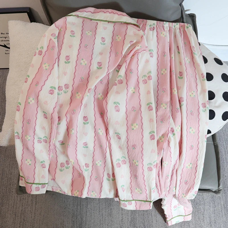 Print Flower Soft Thin Pajama Set Casual 2 Pieces Pajama Set Full Length Sleepwear