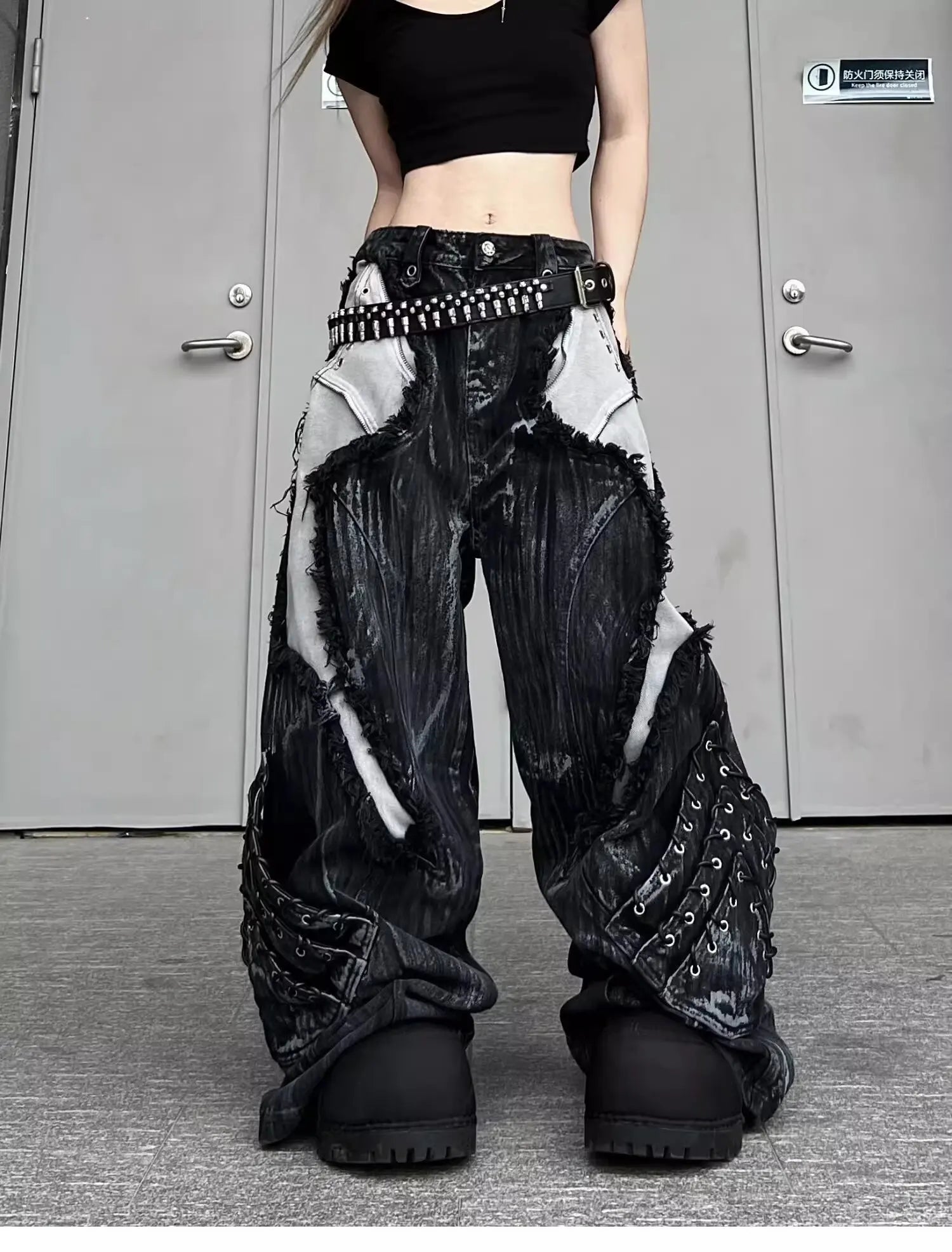 Vintage Patchwork Distressed Jeans Hip Hop Loose Wide Leg Cargo Pants Washed Distressed Denim Trousers
