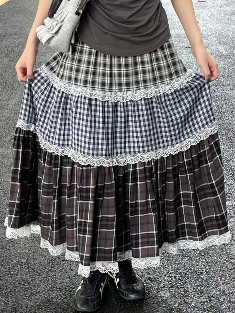 Kawaii Vintage Cute Plaid A-line Skirt Design Chic Elastic Waist Patchwork Skirt Pretty Loose Skirt Y2k