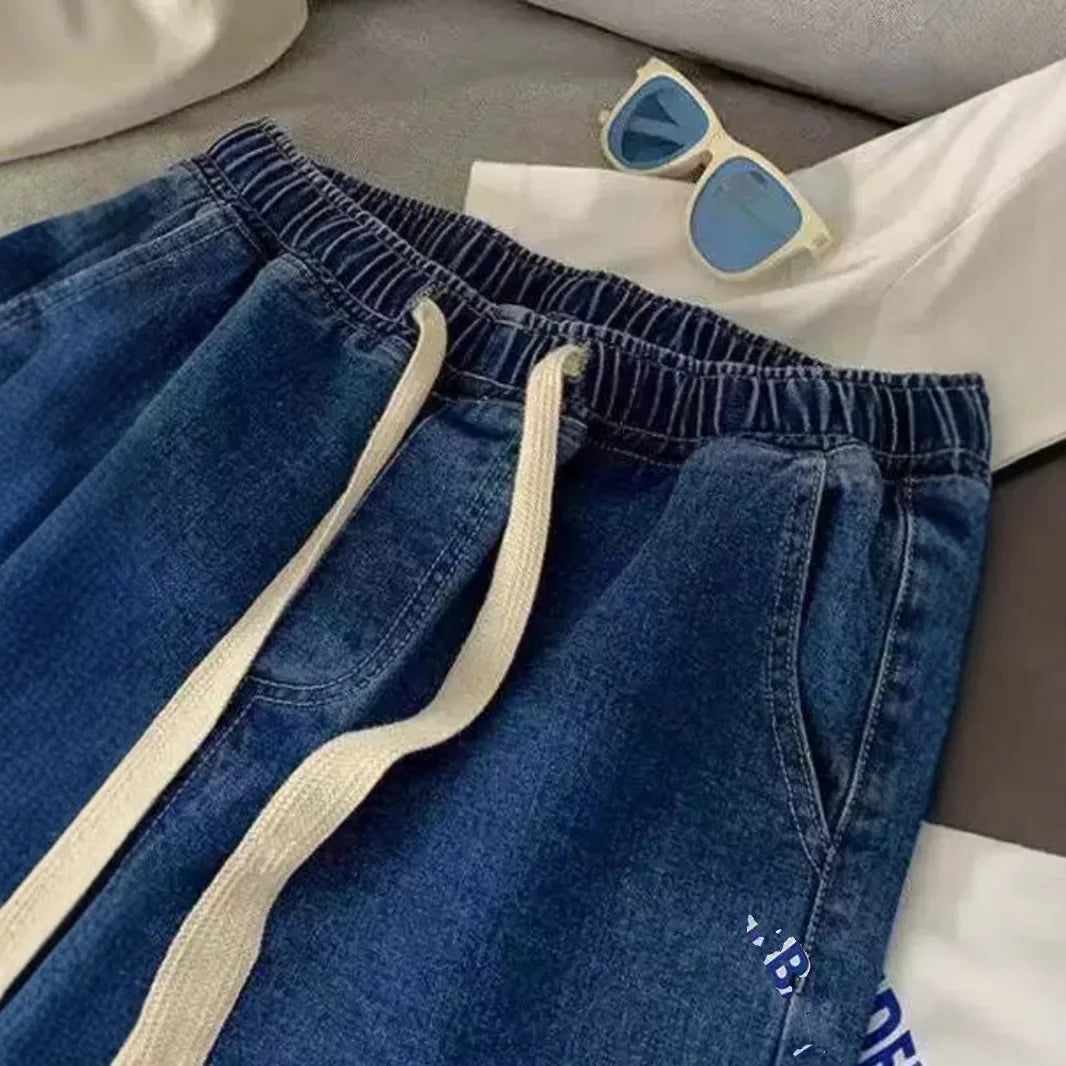 Loose Straight Leg High Waist Elastic Waist Jeans Vintage High Street Trendy Wide Leg Personalized Straight