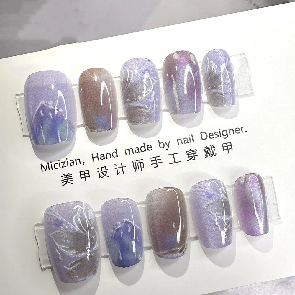 10Pcs Wearable Cat Eyes Series Short Square Press On Nails Kawaii Cartoon Cat Rabbit Rhinestone Gradients Full Cover False Nails