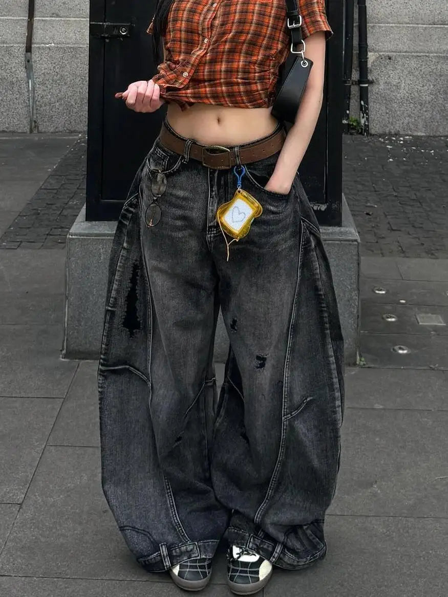 American Street Hip Hop Black Wash Machete Jeans Y2K Retro Old Ripped Loose Spice Girls Harajuku Casual Wide Leg Jeans