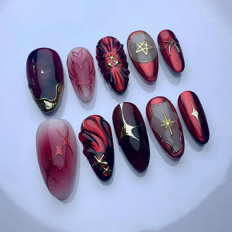 24pcs Short Almond False Nail Art Starlight Rhinestone Design Nails Tip Green Full Cover Nail Set Datachable Press on Fake Nails