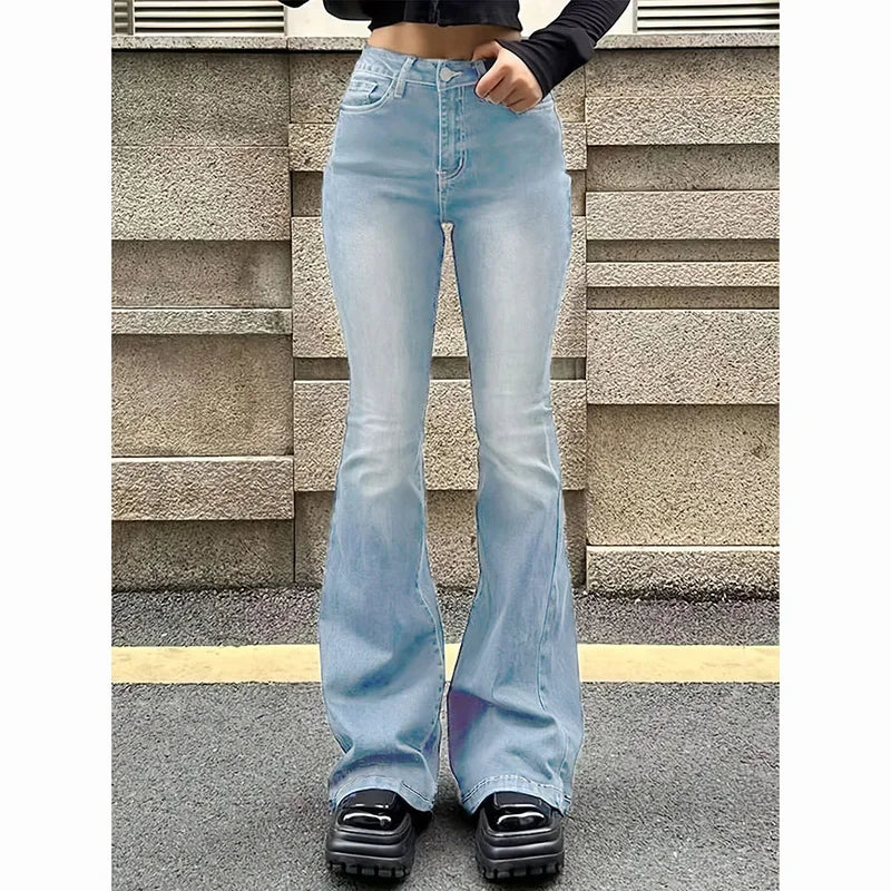 Girls Concise Ins High Waist Flared Jeans Stretchy Bootcut Denim Pants Solid Color Thin Bell Bottoms Trousers