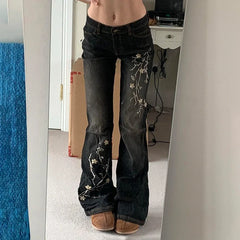 Floral Embroidery Jeans Vintage 2000s Low Rise Flared Jeans Retro Y2k Baggy Denim Pants High Street Basic Trousers