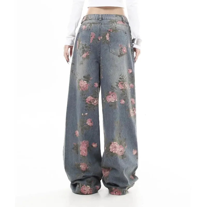 Blue Flower Baggy Jeans Y2K Japanese Harajuku High Street High Waist Wide Leg Retro Jeans Clothing