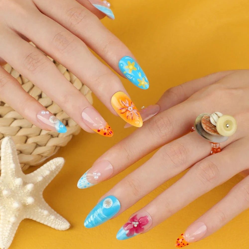 Blue White French 3D Flower Shell Nail Art Beach Almond False Nails Detachable Finished Fake Nails Press on Nails