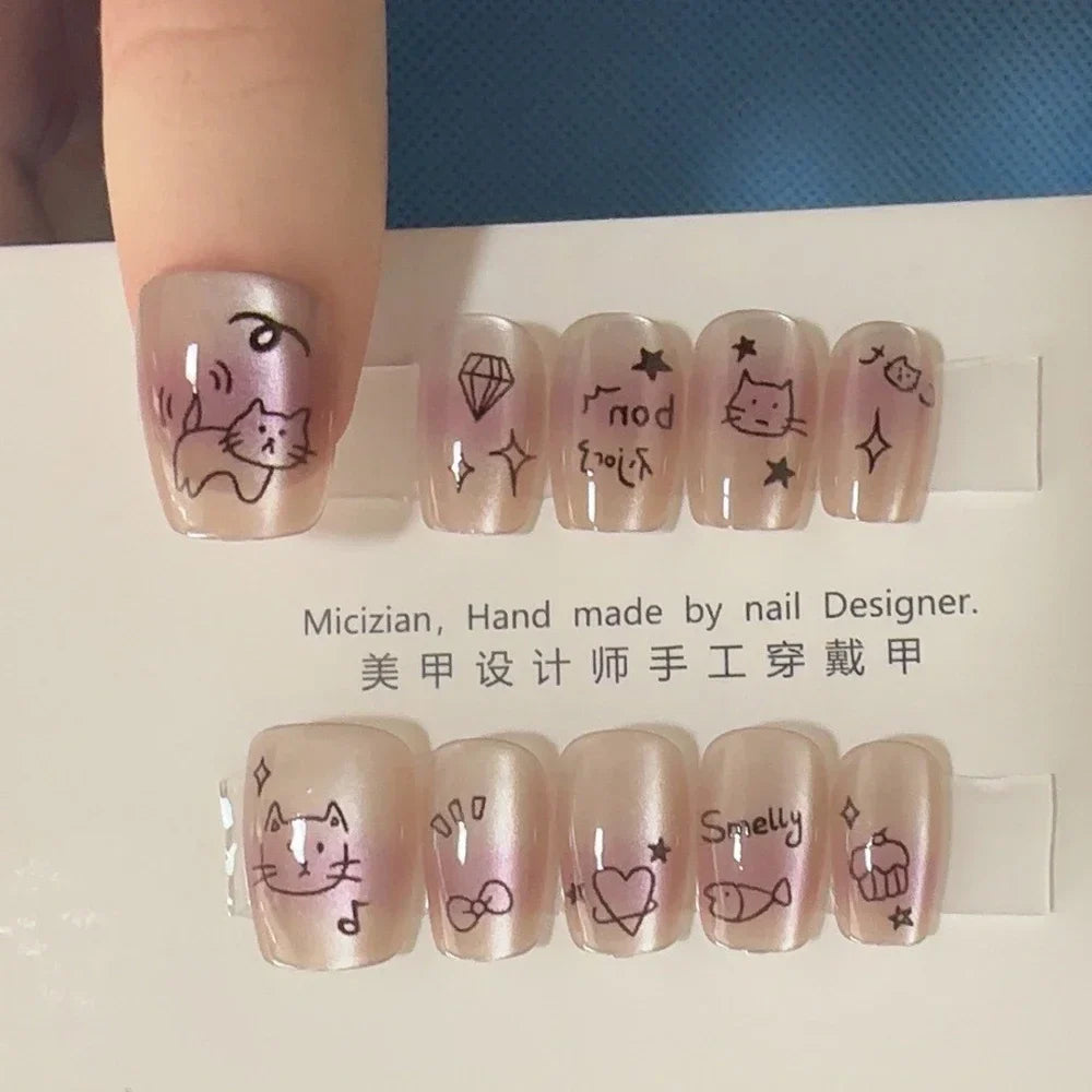 10Pcs Wearable Cat Eyes Series Short Square Press On Nails Kawaii Cartoon Cat Rabbit Rhinestone Gradients Full Cover False Nails