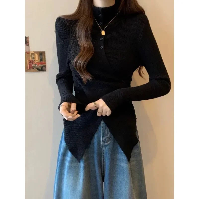 Deeptown Harajuku Black Turtleneck Sweaters Criss Cross Irregular Korean Button Knit Pullovers Slim Warm Aesthetic