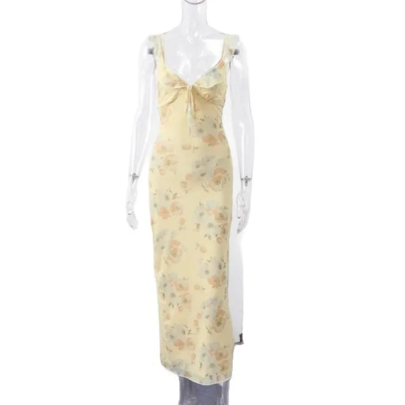 Flower Printed Low-cut Dress Sleeveless Backless Slim Sling Dresses Beach Vacation Lady Vestidos