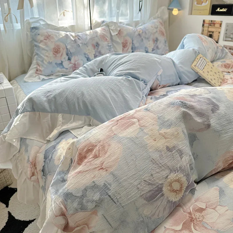 1.5/1.8 Korean Style 100% Cotton Fitted Sheet Sets with Lace Flower Print Bedding Set
