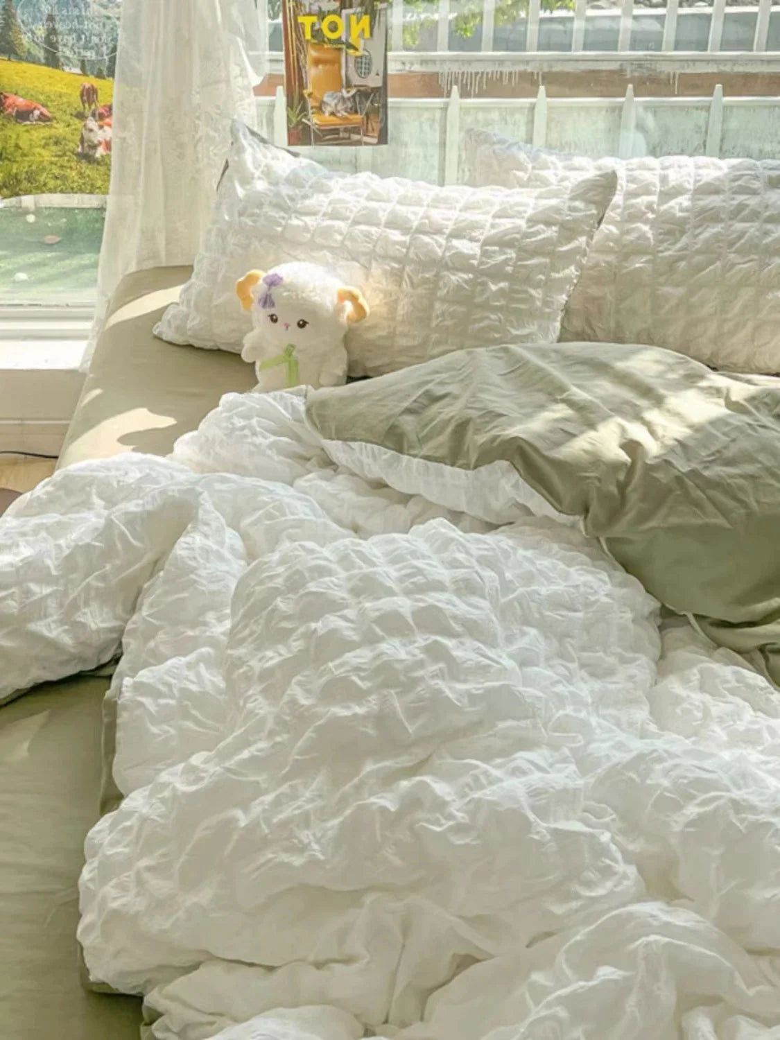 Princess Bedding Set French Style Wash Cotton Solid Color Seersucker SoftBed Sheet Set Comforter Set
