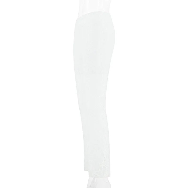 Full Length Gazue Pants Straight Elastic High Waist Slim Long Trousers Casual Lace Hollow Out Pants