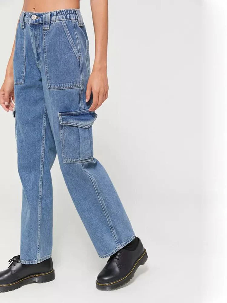 Korean Wide Leg Baggy Jeans Lady Chic Y2K Punk High Waist Cargo Denim Pants Streetwear Pockets Trashy Skater Trousers