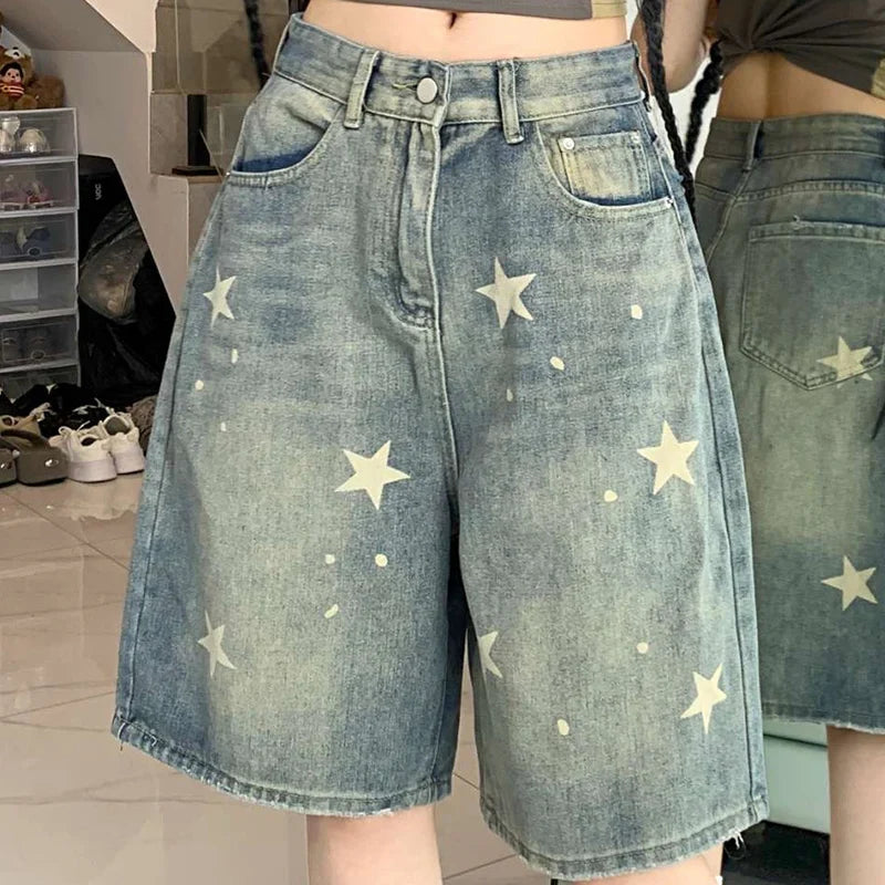 High Waist American Retro Washed Wide Leg Jeans Girls Street Do Old Star Loose Denim Pants Blue Knee Length Shorts