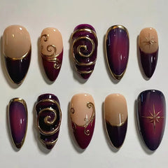 24pcs Golden Lines Patterns False Nails Dark Purple Blush French Fake Nails