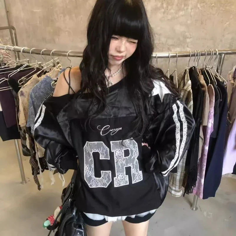 Y2k Lace Letter Hoodie Skew Collar Lace Up Streetwear Hoody Harajuku Vintage Oversized Stripe Long Sleeve Tops