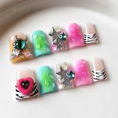 10pcs Gradient Blue Fake Nails Glossy Cat's Eye 3D Flower Shiny Diamond Press On Nail Blush Duckbill Handmade False Nail