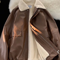Y2K Lapel Leather Coat Cotton-padded Jacket Coat High Street Vibe Vintage Casual Pilot Jacket Cotton-padded Jacket