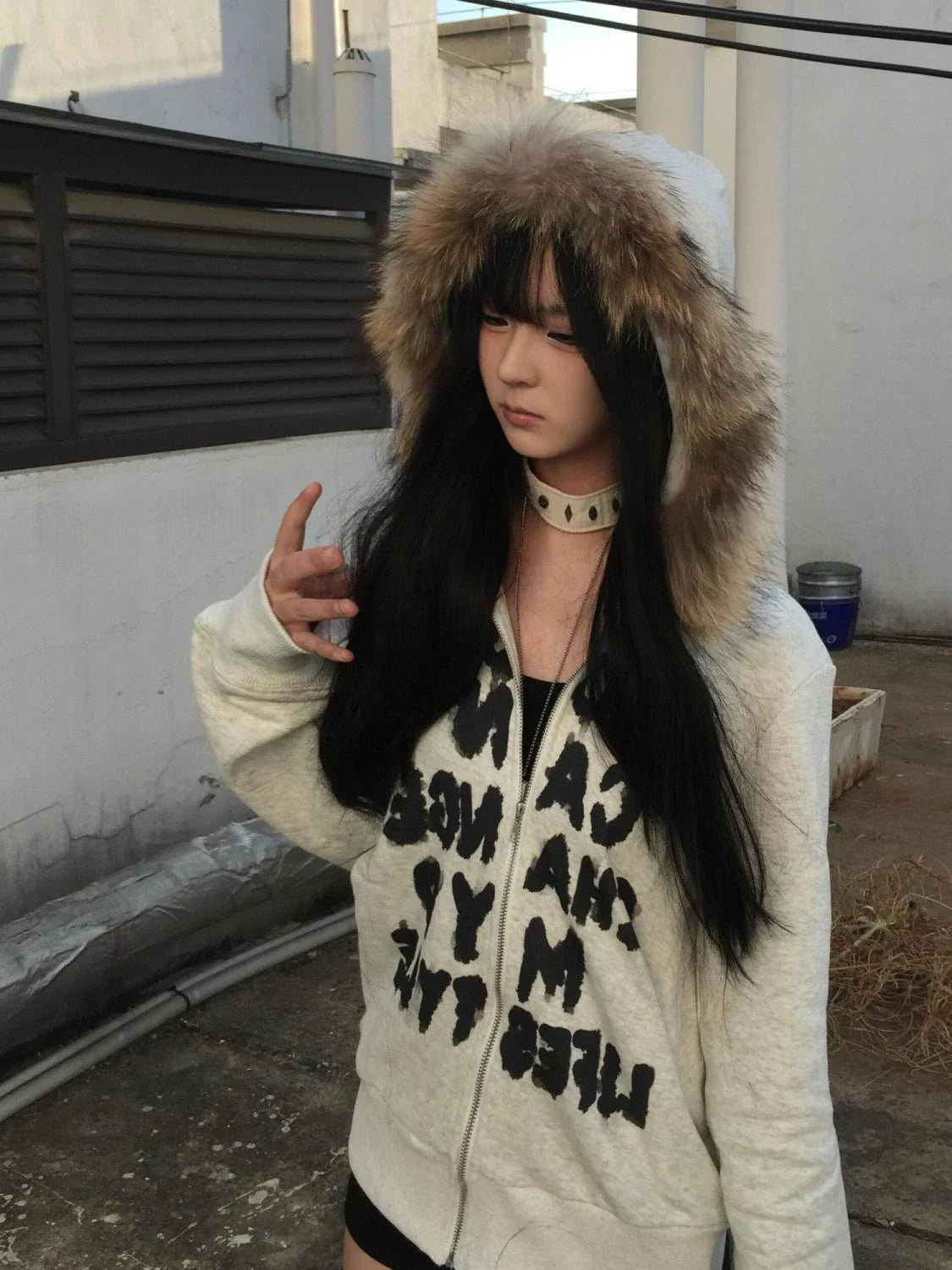 Korean Sweatshirts Harajuku Gothic Printed Coats Jackets Subculture Vintage Faux Fur Hooded Casual Y2k Clothing