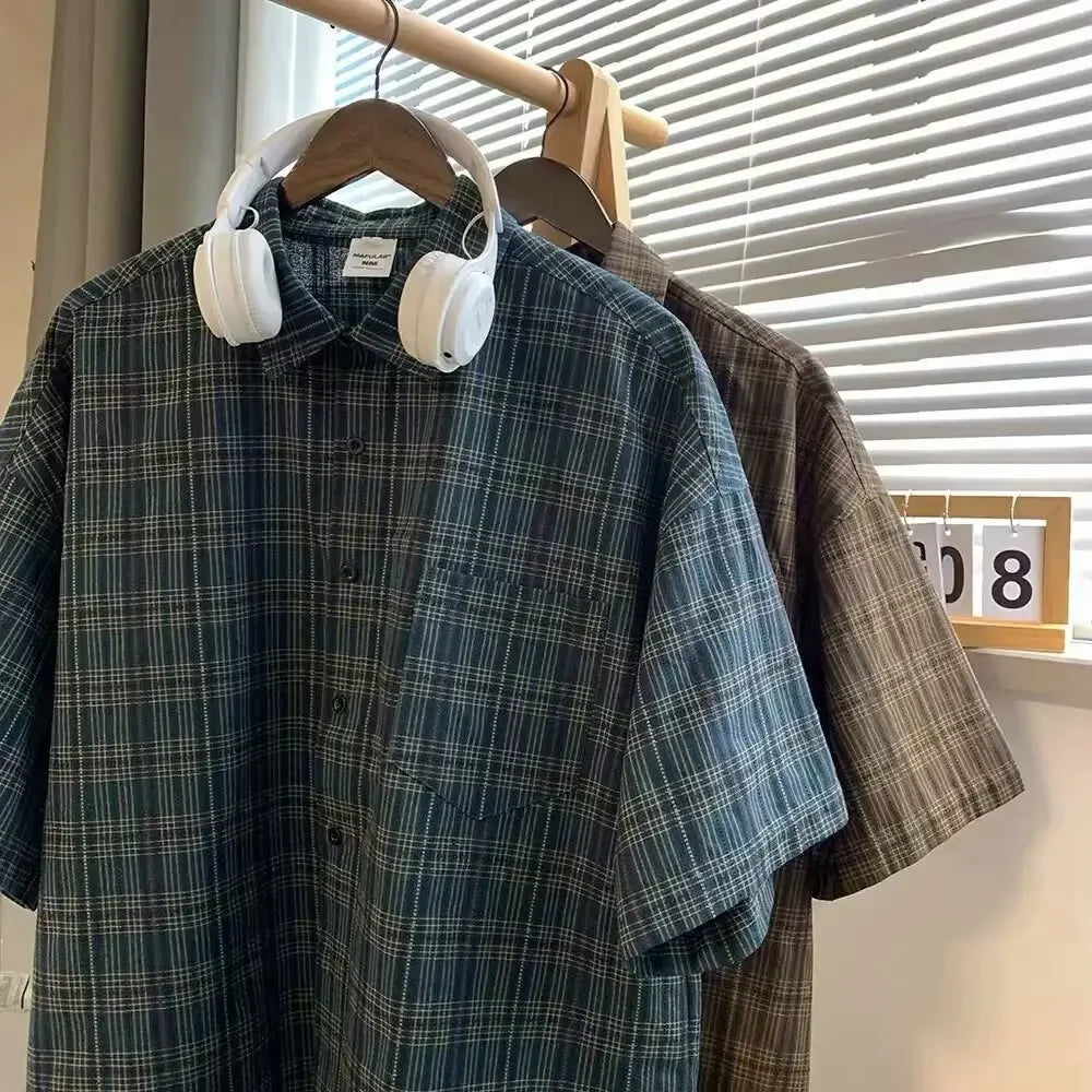 Japanese Vintage Plaid Short Sleeve Shirt Streetwear Loose Fit Casual Stylish Versatile Half Sleeve Underwear