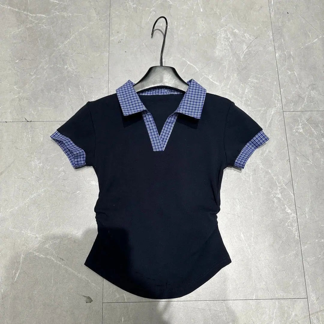 Constrast Color Plaid Turn Down Collar Slim Waist T Shirts All Match Korean High Street Loose Shorts Y2k 2 Piece Sets