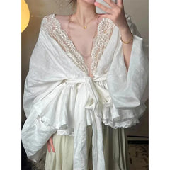 Elegant Lace Shirts Vintage V Neck Bandage Blouses Fairy Korean Patchwork Long Sleeve Casual Design Tops New