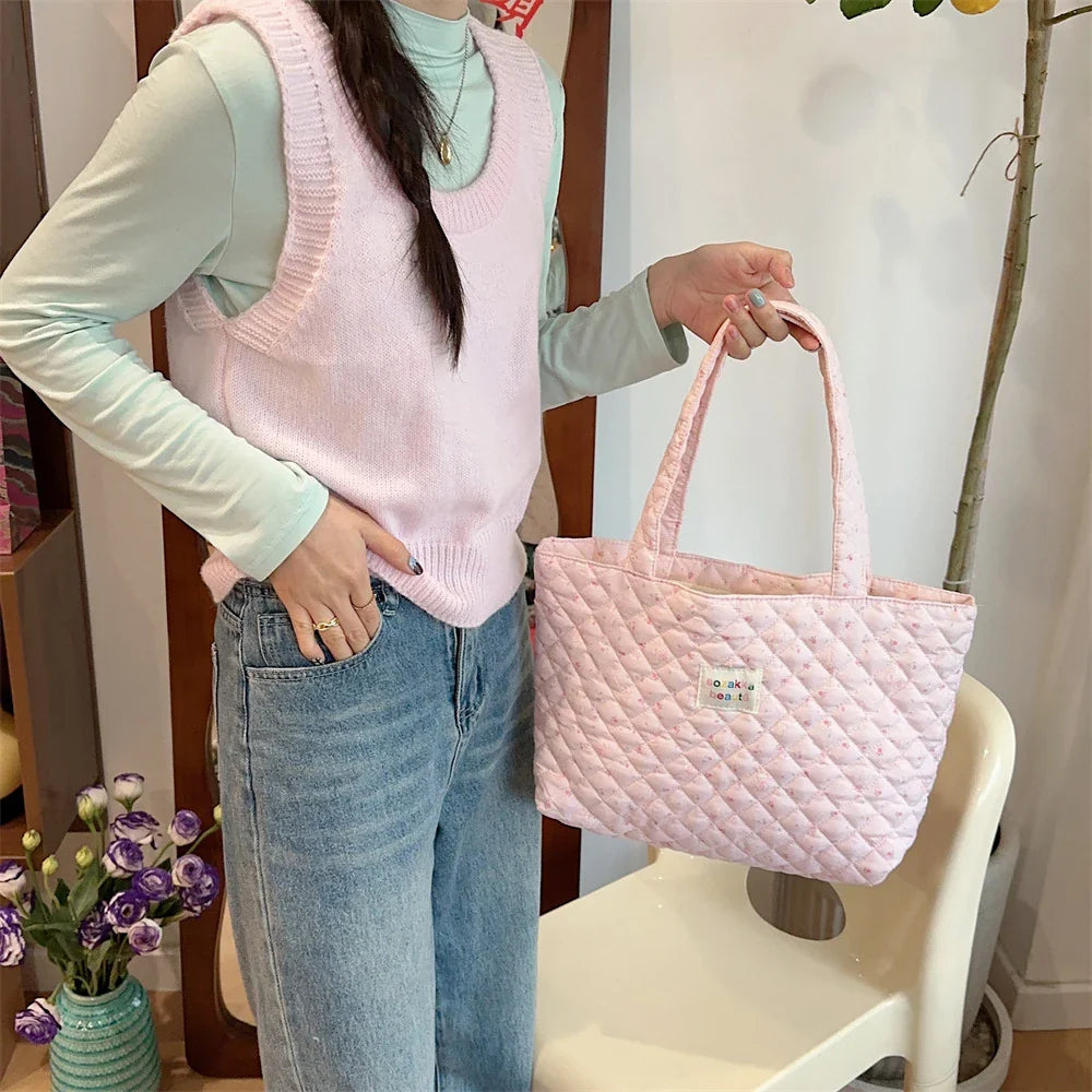 Cartoon Print Shoulder Bag Large Capacity Ladies Tote Handbags Soft Quilted Travel Shopping Bags Girls Book Bag