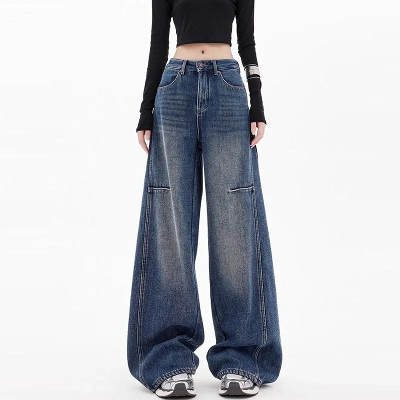 Student Casual Blue Jeans Wide-Leg Pants Loose Drape Straight-Leg Trousers Floor Pants Streetwear