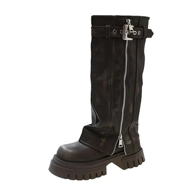 Biker Boots Belt Buckle Ladies Elegant Platform Long Pipe Booties Casual Knee High Booties