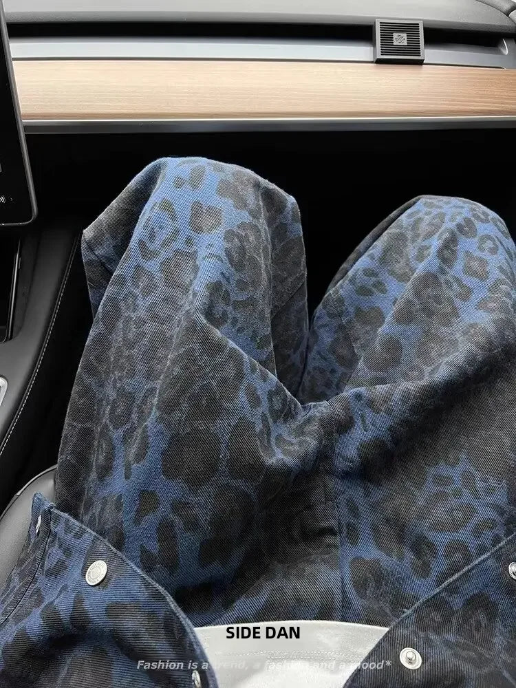 Style American Vintage Leopard Print High-end Feel Loose-fit Straight-leg Wide Leg Jeans