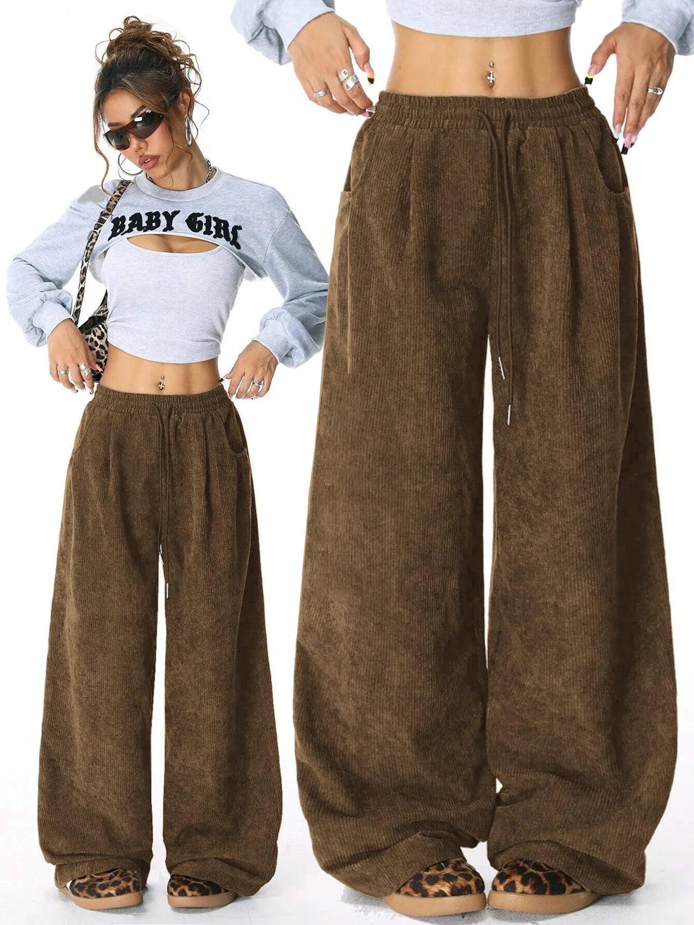 Retro Corduroy Cargo Pants Casual Drawstring Straight Sports Pants Drape Daily Commuting Wide Leg Pants