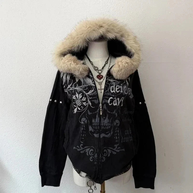 Skull Embroidery Super Leopard Hooded Sweater Y2K Gothic Hip Hop Casual Joker Sweatshirt