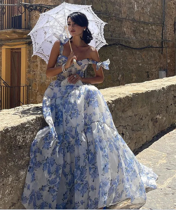 Floral Print Sleeveless Backless Lace Up Midi Prom Dress Elegant High Waist A Line Evening Dresses Outfits