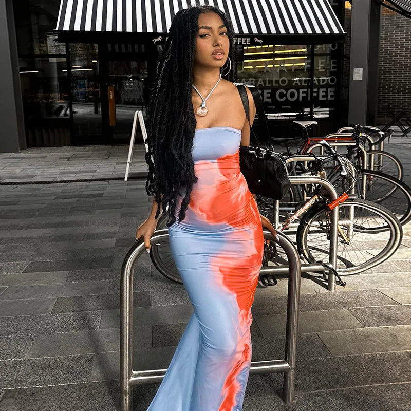 Strapless Print Tube Maxi Dress Off Shoulder Backless Stretch Long Sundress Beach Y2K Clothes