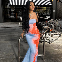 Strapless Print Tube Maxi Dress Off Shoulder Backless Stretch Long Sundress Beach Y2K Clothes