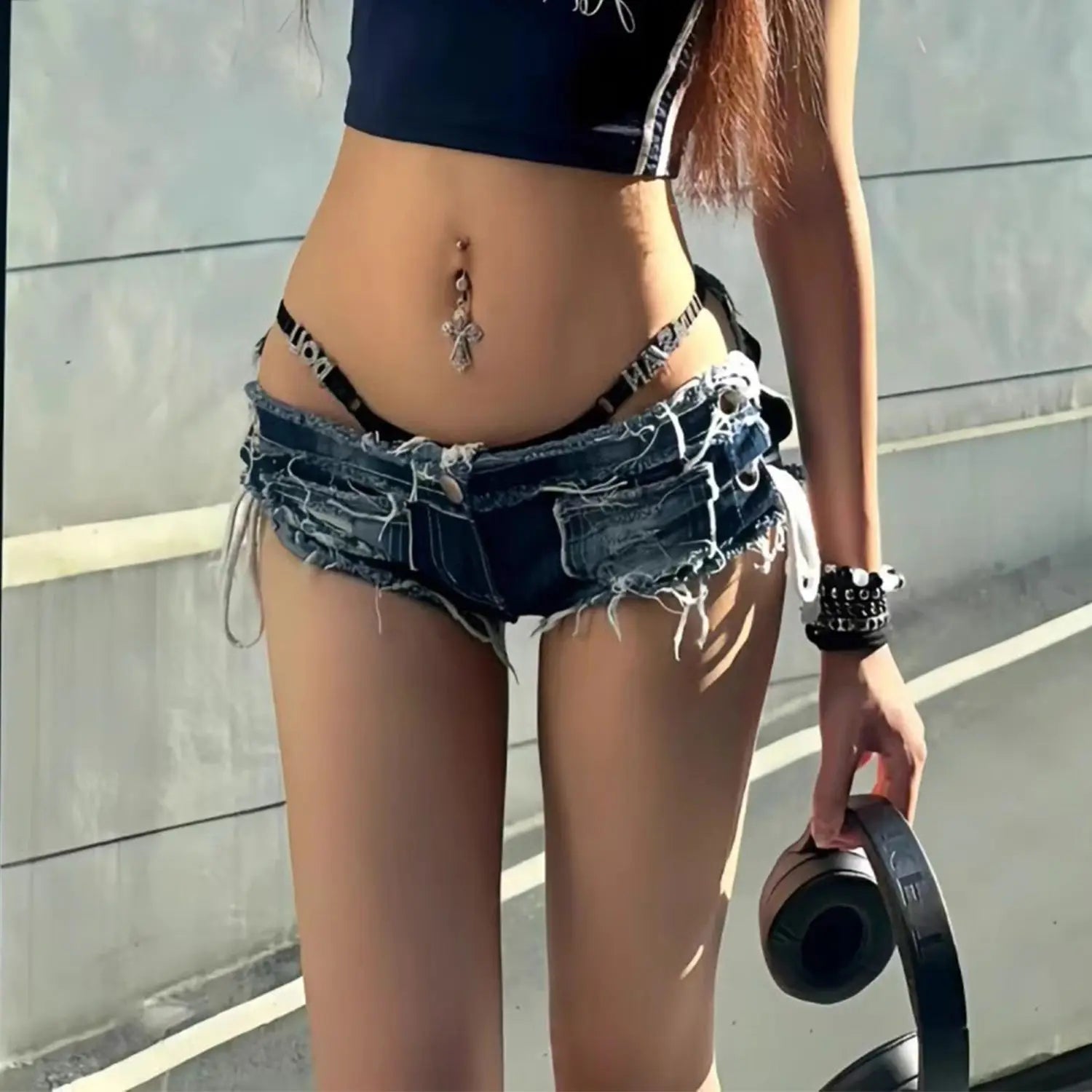 Y2K Low Rise Micro Shorts American Vintage Laced Cutout Denim Cheeky Pants Viral Retro Stitch Line Denim Shorts