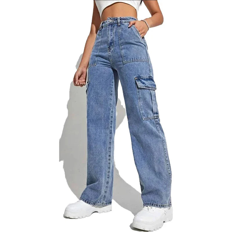 Korean Wide Leg Baggy Jeans Lady Chic Y2K Punk High Waist Cargo Denim Pants Streetwear Pockets Trashy Skater Trousers