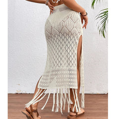Knitted Texture Sarong Skirts High Slit Tassel Cover-Up Beach Vacation Wrapped Skirt Bikini Cover Up