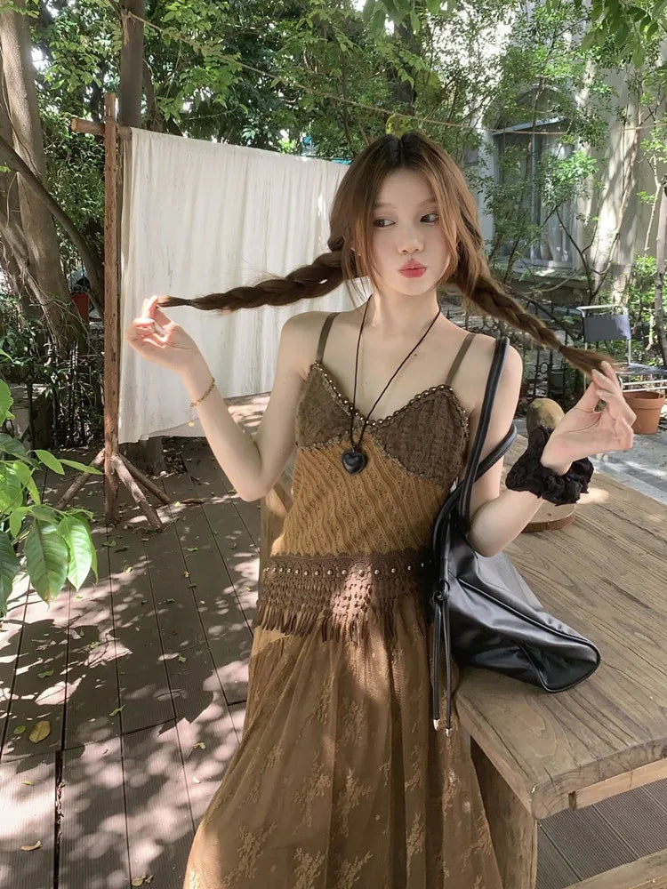 Korean style Ethnic Irgular Spaghettic Strap Fairy Boho Hippie Dress Tassel Mesh Stitching Spice Beach Slim Dress