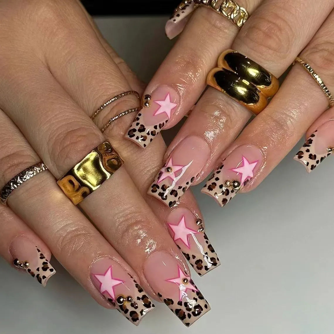 24Pcs Long Coffin Leopard Print False Nails with Glue Sweet Cool Diamond Fake Nail Set Floral French Press on Wearable Nail Tips