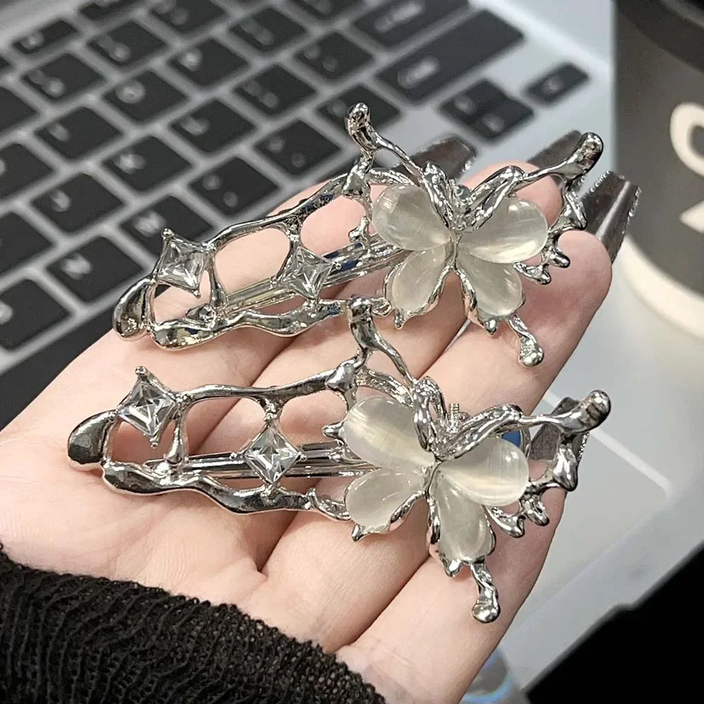 1/4pcs Y2K Irregular Liquid Metal Hairpin Butterfly Zircon Hair Clips Girl Silver Bang Clip
