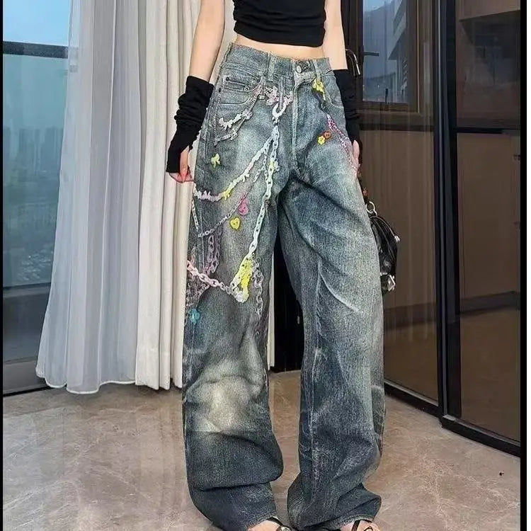 3D Chain Old Jeans American Tie-Dye Splash-Ink Hip Hop Pants High Street Y2K Punk Graffiti Hip Hop Couple Straight Pants