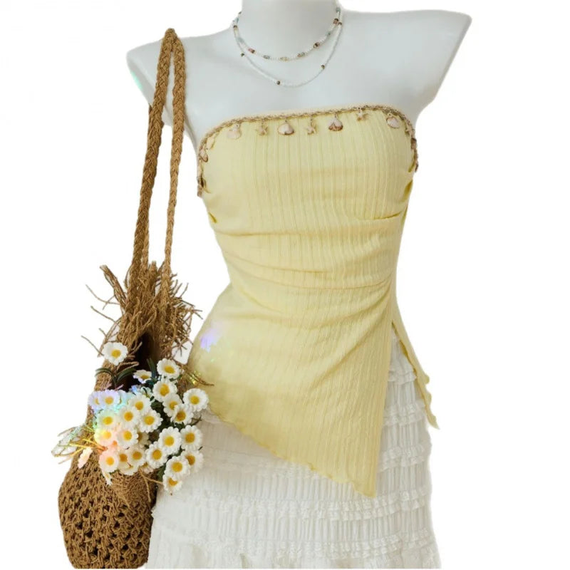 Sweet Yellow Slim Fit Knitted Tube Top With Shell Ribbon Decoration Irregular Pleated Side Slit Casual Vacation Top