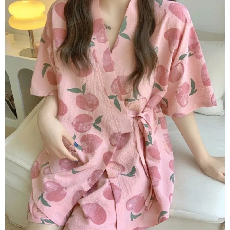 Nightwear Loungewear Kimono Pajamas Student Short Sleeves Shorts Peach Print Tops