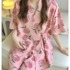 Nightwear Loungewear Kimono Pajamas Student Short Sleeves Shorts Peach Print Tops