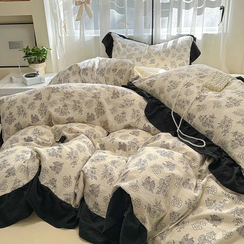 1.5/1.8 Korean Style 100% Cotton Fitted Sheet Sets with Lace Flower Print Bedding Set