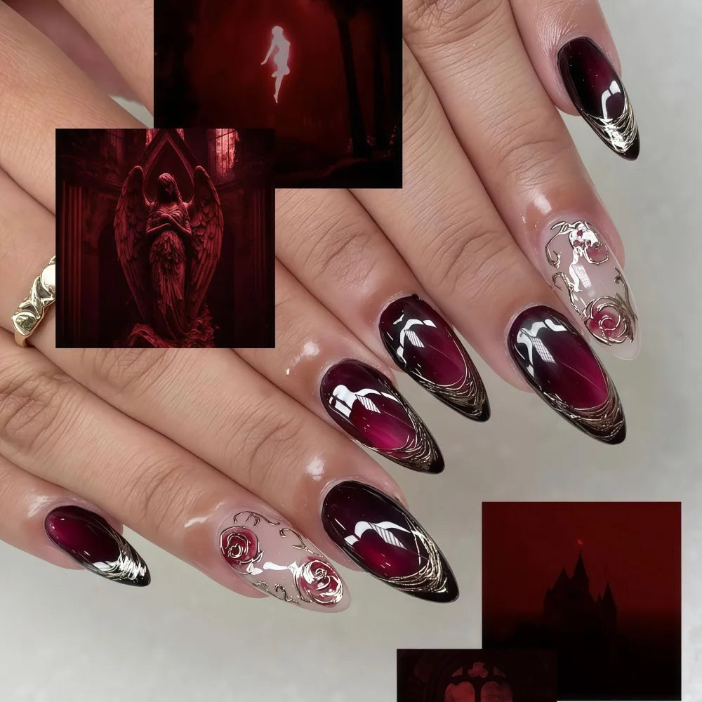 24pcs Golden Lines Patterns False Nails Dark Purple Blush French Fake Nails